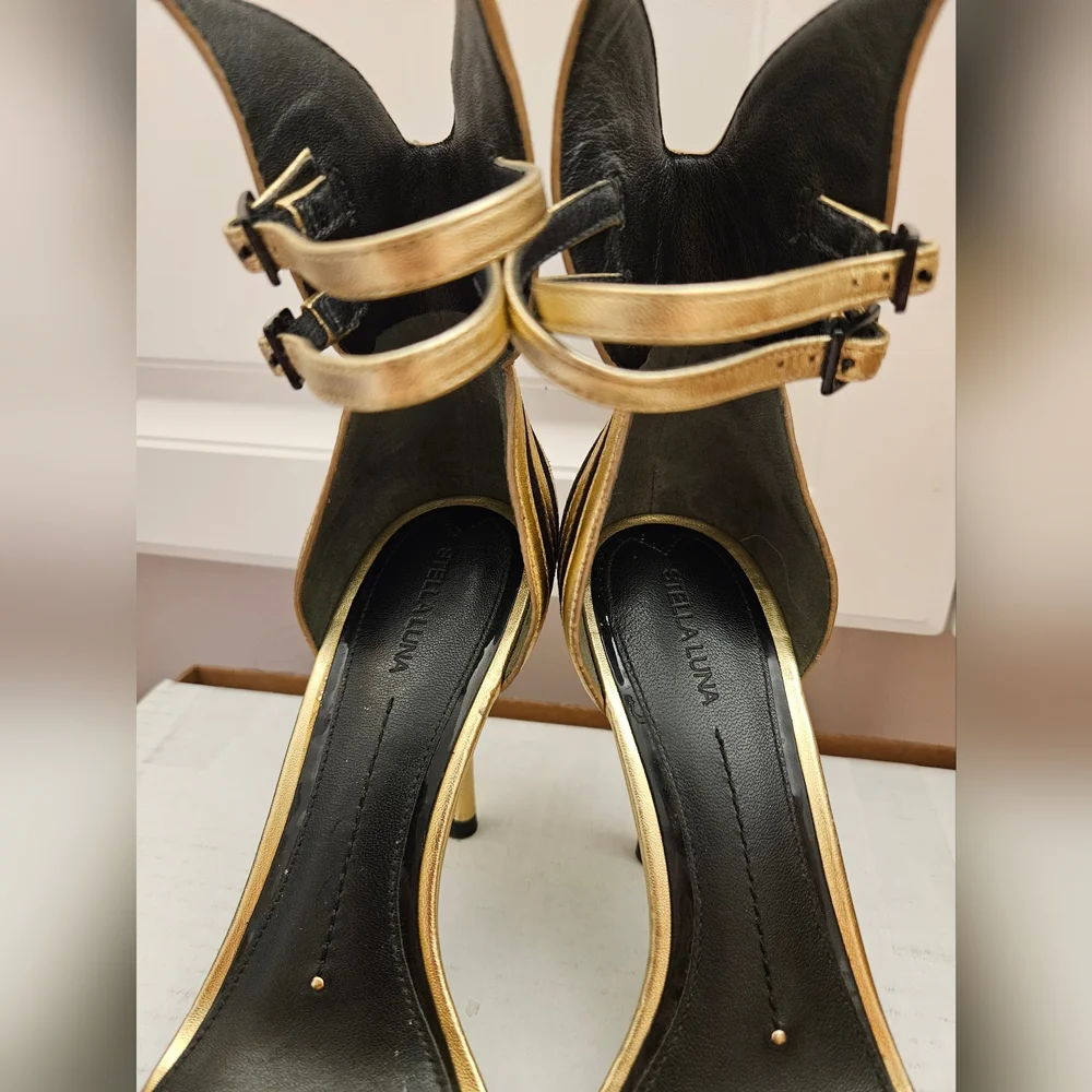 StellaLuna Gold Wings Leather Double Buckle Strap Heel Sandals - Picture 3 of 16